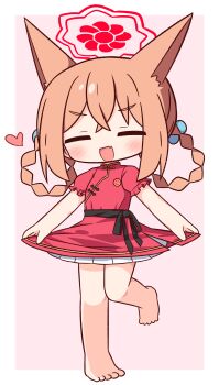 1girl :d absurdres animal_ears bare_legs barefoot blue_archive blush border braid braided_hair_rings closed_eyes commentary_request crossed_bangs double-parted_bangs dress facing_viewer fang fox_ears fox_girl frilled_dress frills full_body hair_between_eyes hair_rings halo hana_kazari heart highres medium_hair open_mouth orange_hair outside_border pink_background red_dress red_halo rumi_(blue_archive) rumi_(small)_(blue_archive) short_sleeves simple_background skin_fang smile solo standing white_border