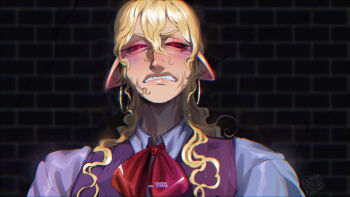 Rule 34 | 1boy, absurdres, blackberreh-art, blonde hair, blush, colored blush, commentary, crow's feet, curly hair, design speculation, distortion (tma), earrings, english commentary, eyelashes, grimace, highres, jewelry, lips, long hair, male focus, michael shelley, monster boy, nose, pointy ears, sharp teeth, shirt, smile lines, solo, teeth, the magnus archives, wrinkled skin