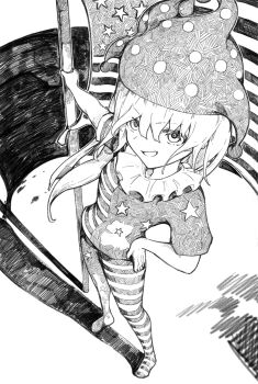 1girl absurdres american_flag american_flag_dress american_flag_legwear clownpiece flag full_body greyscale hand_on_own_hip hat highres holding holding_flag jester_cap long_hair looking_up monochrome neck_ruff pantyhose polka_dot sashimi_oniku shadow short_sleeves solo star_(symbol) star_print striped_clothes touhou