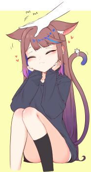1girl :3 ^_^ absurdres airi_kanna animal_ears black_hoodie black_socks blue_hair brown_hair cat_ears cat_girl cat_tail closed_eyes convenient_leg disembodied_hand feet_out_of_frame gradient_hair hand_on_another&#039;s_head hands_on_own_cheeks hands_on_own_face happy head_rest headpat heart highres hood hood_down hoodie long_hair long_sleeves multicolored_hair purple_hair short_shorts shorts single_sock sitting socks sseonyu stellive tail virtual_youtuber yellow_background