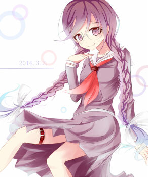 Rule 34 | 1girl, bow, braid, closed mouth, collared shirt, commentary request, danganronpa: trigger happy havoc, danganronpa (series), dated, eyelashes, fukawa toko, glasses, hair between eyes, hair bow, he niaozi, highres, long hair, long sleeves, neckerchief, purple eyes, purple hair, purple serafuku, purple shirt, purple skirt, red neckerchief, round eyewear, sailor collar, school uniform, serafuku, shirt, skirt, skirt set, smile, solo, thigh strap, twin braids, twintails, white background, white bow, white sailor collar