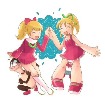 Rule 34 | bariquand (chargeman ken!), bead necklace, beads, black boots, blonde hair, blush, boots, bow, capelet, chargeman ken!, collarbone, commentary request, dress, eddie (mega man), green ribbon, hair between eyes, hair bow, happy, izumi caron, jewelry, knee boots, long hair, long sleeves, mega man (series), necklace, ponytail, red bow, red dress, ribbon, robojanai, roll (mega man), short dress, sidelocks, simple background, sleeveless, smile, square neckline, white background, white boots, white capelet