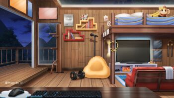 Rule 34 | azuma hatori, balcony, bean bag chair, bed, bedroom, bookshelf, computer keyboard, computer mouse, couch, dumbbell, flame print, glass ceiling, handheld game console, highres, indie virtual youtuber, indoors, journey to the west, mario (series), mario kart, microphone, microphone stand, mountain, mousepad (object), mu ren zhuang, night, nintendo, no humans, note, nunchaku, official art, photo (object), picture frame, pillar, pillow, red shell (mario), rug, scenery, shelf, silver creator award, sky, star (sky), starry sky, stuffed banana, stuffed monkey, sun kenji, sun wukong, table, television, towel, tree, unworn headwear, weapon, wooden floor, wooden table, wooden wall, youtube creator award