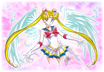 1girl angel_wings anime_coloring artist_name bishoujo_senshi_sailor_moon bishoujo_senshi_sailor_moon_supers blonde_hair blue_eyes blue_sailor_collar bow brooch choker circlet cowboy_shot doily earrings elbow_gloves feathered_wings feathers female_focus gloves heart heart_brooch jewelry light_smile long_hair marco_albiero miniskirt multicolored_skirt official_style parted_bangs pink_background pleated_skirt red_bow sailor_collar sailor_moon see-through_clothes signature skirt solo sparkle star_(symbol) star_symbol_background super_sailor_moon tsukino_usagi twintails very_long_hair white_gloves wings