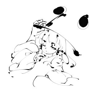 1girl arm_up closed_mouth commentary_request hand_on_own_hat highres looking_at_viewer monochrome moriya_suwako one_eye_closed simple_background solo sukunashi_negi touhou wide_sleeves