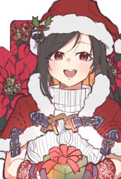 1girl black_hair blush box capelet christmas commentary_request final_fantasy final_fantasy_vii final_fantasy_vii:_ever_crisis floral_background flower fur-trimmed_capelet fur-trimmed_headwear fur_trim gift gift_box gloves hat hat_ornament highres holding holding_gift holly_hat_ornament konbu7733 long_hair looking_at_viewer official_alternate_costume open_mouth pom_pom_(clothes) red_capelet red_eyes red_flower red_gloves red_hat santa_hat solo straight-on sweater tifa_lockhart tifa_lockhart_(fairy_of_the_holy_flame) turtleneck turtleneck_sweater upper_body white_sweater