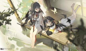 2girls aether_gazer bare_legs barefoot black_hair breasts bug butterfly day dm_(dai_miao) dress from_above hair_between_eyes highres insect jinwu_(aether_gazer) large_breasts lingguang_(aether_gazer) long_hair long_sleeves lying multiple_girls on_stomach red_eyes sitting the_pose veranda very_long_hair white_dress yellow_eyes