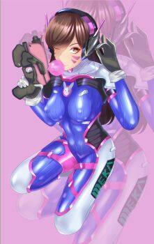 1girl blowing_bubble_gum bodysuit breasts brown_hair chewing_gum covered_erect_nipples d.va_(overwatch) facial_mark gun handgun highres long_hair looking_at_viewer medium_breasts one_eye_closed overwatch skin_tight smile solo volyz weapon whisker_markings yellow_eyes