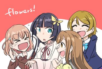 Rule 34 | > <, 4girls, :d, ^ ^, black hair, blazer, blue bow, blue bowtie, blue jacket, bow, bowtie, brown dress, brown hair, closed eyes, collared shirt, commentary, crossed bangs, dress, flying sweatdrops, grey sailor collar, hair bow, hair ornament, hasu no sora school uniform, highres, hinoshita kaho, ikizulive! love live! bluebird, in-franchise crossover, jacket, japanese clothes, kanji connection, kimono, koizumi hanayo, komagata hanabi, kunikida hanamaru, kushiro1, link! like! love live!, long hair, long sleeves, love live!, love live! school idol project, love live! sunshine!!, medium hair, multiple girls, name connection, neck ribbon, open mouth, orange hair, otonokizaka school uniform, pink ribbon, profile, rabbit hair ornament, ribbon, sailor collar, sailor dress, school uniform, serafuku, shirt, shrug (clothing), smile, sweater, two side up, uranohoshi school uniform, virtual youtuber, white kimono, white sailor collar, white shirt, white shrug, wide-eyed, winter uniform, xd, yellow bow, yellow sweater