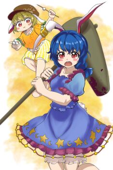 Rule 34 | 2girls, ambiguous red liquid, animal ears, bad id, bad twitter id, blonde hair, blue dress, blue hair, blush, dango, doroame (ameyu), dress, flat cap, floppy ears, food, hat, highres, invisible chair, jpeg artifacts, kine, looking at viewer, mallet, multiple girls, open mouth, orange shirt, puffy short sleeves, puffy sleeves, rabbit ears, red eyes, ringo (touhou), seiran (touhou), shirt, short hair, short sleeves, shorts, sitting, touhou, wagashi