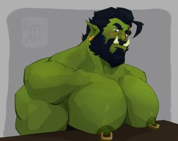1boy ahoge bara beard black_hair blush colored_skin connected_beard extra_tusks facial_hair full_beard green_skin highres huge_pectorals looking_at_viewer male_focus mature_male monster_boy muscular muscular_male nipple_piercing nipple_rings nipples nude orc original pectoral_focus pectorals pectorals_rest piercing pointy_ears ring_piercing ryder_(fares0teb) scar scar_on_face scar_on_forehead short_hair smoke_(fares0teb) solo thick_beard tusks upper_body