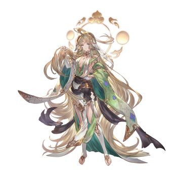 1girl ahoge bhaisa_(granblue_fantasy) blonde_hair blue_eyes breasts bridal_gauntlets erune granblue_fantasy hair_ornament long_hair looking_at_viewer medium_breasts minaba_hideo official_art solo very_long_hair wide_sleeves