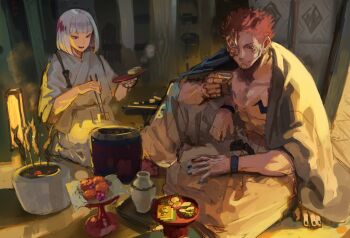 alcohol eating extra_arms extra_eyes fish food highres holding holding_food jujutsu_kaisen kakapyramid pink_hair ryoumen_sukuna_(jujutsu_kaisen) ryoumen_sukuna_(true_form)_(jujutsu_kaisen) sake uraume_(jujutsu_kaisen) white_hair
