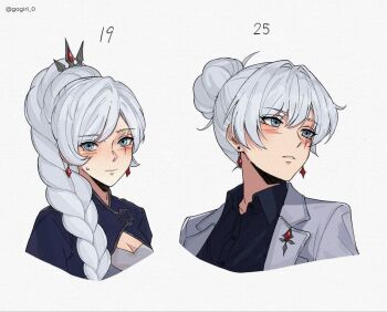 age_progression aged_up black_shirt blazer blue_eyes blush commentary earrings english_commentary gogirl_0 jacket jewelry long_hair looking_at_viewer looking_to_the_side open_mouth rwby scar scar_across_eye scar_on_face shirt simple_background weiss_schnee white_hair