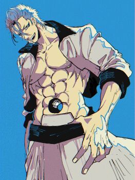 1boy a_nzi_end bare_pectorals bleach blue_background commentary_request grimmjow_jaegerjaquez highres hole_in_stomach hole_on_body jacket male_focus muscular muscular_male nipples pectorals short_hair simple_background solo thumb_in_beltline