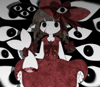 1girl black_eyes blank_stare blood blood_on_face blunt_bangs bow bowtie braid brown_hair buttons collared_shirt colored_skin dot_nose empty_eyes expressionless eyeball fins fish_tail frilled_skirt frills funamusea gloves hashtag-only_commentary hat hat_bow highres holding holding_another's_tail horror_(theme) implied_murder looking_at_viewer no_mouth oounabara_to_wadanohara pleated_skirt red_bow red_bowtie red_gloves red_hat red_shirt red_skirt ruby_(hoeng_yn) shark_tail shirt sidelocks skirt sleeveless sleeveless_shirt solo staring syakesan_(funamusea) tail twin_braids wadanohara wadanohara_(red_sea) white_skin witch_hat
