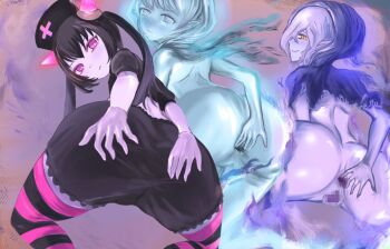 3girls :< anus ass ass_focus black_hair black_shirt black_thighhighs blue_eyes blue_fire blue_hair blue_skin blush censored chrome_(mon-musu_quest!) colored_skin commentary_request commission crop_top cross demon_girl fire from_behind ghost_girl gloves glowing_horns hand_on_own_ass hat horns light_frown long_hair looking_at_viewer looking_back mon-musu_quest! mosaic_censoring multiple_girls necromancer nude nurse_cap official_artist_extra pale_skin pink_eyes pink_horns pink_skin pink_thighhighs pointy_ears puffy_short_sleeves puffy_sleeves purple_fire purple_hair purple_skin pussy red_cross ringed_eyes rit_(mon-musu_quest!) rubber_gloves shirt short_hair short_sleeves skeb_commission smile spi_(mon-musu_quest!) spread_anus striped_clothes striped_thighhighs thighhighs twintails un_do very_long_hair wide_hips yellow_eyes