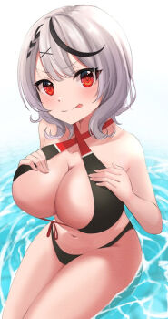 1girl bikini black_bikini black_streaks blush breast_suppress breasts cleavage closed_mouth commentary_request criss-cross_halter gradient_background hair_ornament halterneck hololive large_breasts licking_lips looking_at_viewer medium_hair multicolored_hair navel ramkilog red_eyes sakamata_chloe sitting sitting_on_water smile solo streaked_hair swimsuit tongue tongue_out virtual_youtuber water x_hair_ornament