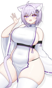 1girl absurdres ahoge animal_ear_fluff animal_ears belly blush breasts cat_ears cat_girl cat_tail china_dress chinese_clothes clothing_cutout curvy detached_sleeves dress fat fat_rolls highres hololive huge_breasts long_sleeves looking_at_viewer mochigomemcmc nekomata_okayu open_mouth pelvic_curtain plump purple_eyes purple_hair purple_tail short_hair side_slit skindentation sleeveless sleeveless_dress smile solo tail thick_thighs thighhighs thighs virtual_youtuber wide_hips