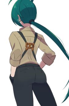 1girl ahoge androgynous ass asymmetrical_bangs back black_gloves black_pants collared_shirt ear_piercing earrings facing_away flat_ass gloves green_hair hands_in_pockets highres jewelry long_hair nintendo pants piercing pokemon pokemon_sv ponytail reverse_trap rika_(pokemon) riki_(inushima_) shirt solo suspenders triangle_earrings