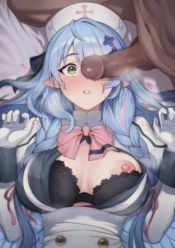 0haribo0 1boy 1girl absurdres black_bra blue_archive blue_hair bow bowtie bra braid breasts censored center_opening commentary_request cross_hair_ornament dark-skinned_male dark_skin erection gloves green_eyes hair_ornament hair_ribbon hat heart heavy_breathing hetero high-waist_skirt highres juliet_sleeves long_hair long_sleeves lying medium_breasts mine_(blue_archive) mosaic_censoring navel nipples nurse_cap on_back one_breast_out partial_commentary penis_awe penis_on_face penis_over_one_eye pink_bow pink_bowtie pink_ribbon pointy_ears puffy_sleeves ribbon side_braids skirt surprised sweat underwear white_gloves white_skirt wide-eyed