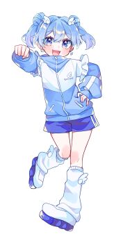 Rule 34 | 1girl, :d, absurdres, blue eyes, blue hair, blue jacket, blue shorts, blush, clenched hand, commentary request, double-parted bangs, double bun, earrings, fang, full body, hair between eyes, hair bun, hair ornament, hand on own hip, highres, jacket, jewelry, kneehighs, long sleeves, looking at viewer, open mouth, original, outstretched arm, shoes, short hair, shorts, simple background, smile, socks, solo, standing, standing on one leg, transparent background, two side up, white shoes, white socks, wing earrings, wing hair ornament, yuusuke-kun