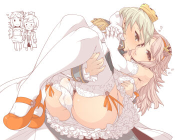 2boys androgynous armpit_hair ass blonde_hair blush brown_eyes bulge carrying chibi crossdressing crossdressing_(mtf) crown dress elbow_gloves formal_clothes frills frown gloves green_eyes hairband highres holding_hands imminent_kiss long_hair male_focus male_pubic_hair mary_janes mole multiple_boys omiya_(louise-louis-lucille) open_mouth original penis pink_hair prince princess_carry pubic_hair shoes short_hair shota thighhighs trap uniform white_legwear yaoi