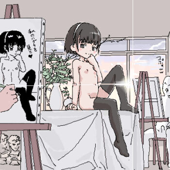 1boy 1girl age_difference art_room black_thighhighs blush breasts breasts_apart bust_(sculpture) canvas_(object) cloud diffraction_spikes easel erection flat_chest from_side full_body hairband indoors jaggy_lines knee_up lokulo_no_mawashimono loli lowres male_hand model modeling multiple_boys no_shoes nude nude_modeling penis plant pov short_hair sitting sky small_areolae small_breasts small_nipples smile solo_focus table tagme thighhighs vase white_hairband window