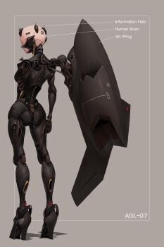 Rule 34 | 106 (irasutoyou106), 1girl, absurdres, amputee, angel, arms at sides, ass, bald, bald female, barcode, breasts, cyborg, english text, from behind, full body, high heels, highres, joints, mechanical wings, medium breasts, narrow waist, navel, original, piston, robot joints, science fiction, solo, standing, wings