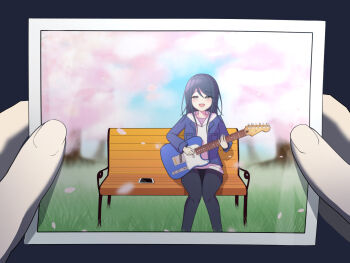 1girl :d bench black_hair blue_jacket blurry blurry_foreground cellphone cherry_blossoms commentary falling_petals female_pov ghost_in_the_shell guitar half-closed_eyes highres holding holding_photo hoshino_ichika_(project_sekai) instrument jacket knees_together_feet_apart long_hair music open_mouth outdoors parody petals phone photo_(object) playing_guitar playing_instrument pov pov_hands project_sekai scene_reference sitting smartphone smile sukeroku828 sweater white_sweater