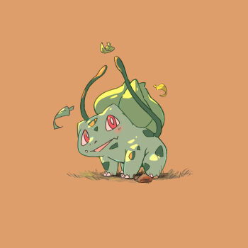 absurdres animal_focus blush bright_pupils bulbasaur commentary_request food food_on_face full_body gen_1_pokemon highres leaf looking_up nintendo no_humans ny0t4ro open_mouth plant pokemon pokemon_(creature) red_eyes simple_background solo vines white_pupils