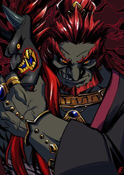 1boy bandaged_chest beard black_robe black_tunic blue_gem chest_jewel clenched_teeth colored_teeth dark-skinned_male dark_skin demon evil_grin evil_smile facial_hair frown furrowed_brow ganondorf gem grin highres horns jewelry long_hair mask nintendo oni_horns oni_mask orange_eyes red_facial_hair red_hair ring robe sharp_teeth smile solo teeth the_legend_of_zelda the_legend_of_zelda:_tears_of_the_kingdom thick_eyebrows thick_neck topknot tunic veins veiny_hands yellow_eyes yellow_teeth yuuri_(fukuroudou)