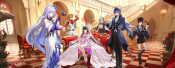 3boys 3girls absurdres arlecchino_(genshin_impact) bare_shoulders black_hair blue_eyes blue_fire blue_hair blunt_ends breasts chinese_commentary cleavage closed_eyes columbina_(genshin_impact) dress earrings eye_mask fire flins_(genshin_fes_2026)_(genshin_impact) flins_(genshin_impact) genshin_impact gloves hair_between_eyes hair_ornament head_wings highres holding jewelry long_hair looking_at_viewer mask multicolored_hair multiple_boys multiple_girls music official_alternate_costume official_art orange_hair pink_hair prosthesis prosthetic_arm prosthetic_leg purple_eyes red_eyes scaramouche_(genshin_impact) short_hair singing skirk_(genshin_impact) tartaglia_(genshin_fes_2026)_(genshin_impact) tartaglia_(genshin_impact) thighs two-tone_hair veil very_long_hair wanderer_(genshin_fes_2026)_(genshin_impact) wanderer_(genshin_impact) white_dress wings yellow_eyes