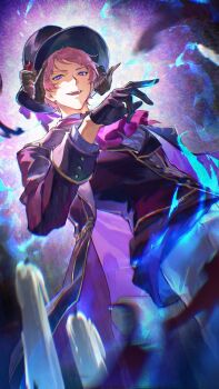 1boy black_gloves black_hat candle commentary cowboy_shot d_misang demon_horns ensemble_stars! from_below gloves hat highres horns itsuki_shu long_sleeves looking_at_viewer male_focus open_mouth pink_hair purple_eyes short_bangs short_hair solo symbol-only_commentary teeth top_hat upper_teeth_only