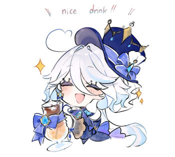 1girl asymmetrical_gloves blue_gem blue_hat blue_jacket blush closed_eyes coffee commentary_request cowlick eyelash_ornament eyelashes furina_(genshin_impact) gem genshin_impact gloves happy hat iced_coffee jacket long_hair long_sleeves multicolored_hair open_mouth shinoo0915 simple_background smile streaked_hair suikyou394 top_hat