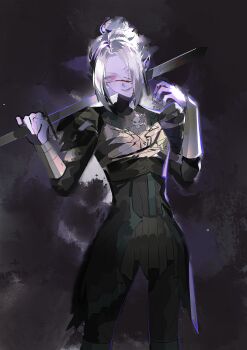 Rule 34 | 1girl, absurdres, baldur's gate, baldur's gate 3, black background, black pants, blood, blood on face, colored skin, cowboy shot, dark elf, dungeons & dragons, dungeons &amp; dragons, elf, hair over one eye, highres, jtjt596687, looking at viewer, minthara, one eye covered, open mouth, pants, pointy ears, purple skin, red eyes, short hair, smile, solo, standing, white hair