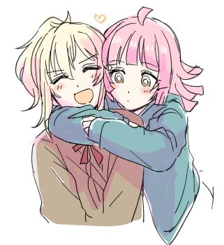 2girls :d ^_^ ahoge arms_around_neck blonde_hair blue_jacket blunt_bangs blunt_ends blush brown_cardigan cardigan closed_eyes closed_mouth commentary cropped_torso expressionless hashtag-only_commentary heart hood hood_down hooded_jacket hug jacket kishimen_hair long_sleeves love_live! love_live!_nijigasaki_high_school_idol_club medium_hair miyashita_ai multiple_girls neck_ribbon nijigasaki_school_uniform open_mouth pink_hair ponytail red_ribbon ribbon school_uniform simple_background smile solllolll tennoji_rina v-shaped_eyebrows white_background winter_uniform