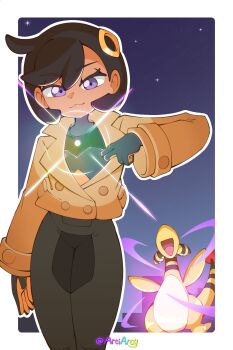 1girl :3 absurdres ampharos arciarcy black_bodysuit black_hair bodysuit bodysuit_under_clothes breasts brown_jacket closed_mouth dark-skinned_female dark_skin emma_(pokemon) gen_2_pokemon gloves hair_ornament highres jacket latex latex_bodysuit looking_at_viewer mega_evolution mega_stone night nintendo open_mouth orange_gloves outdoors pokemon pokemon_(creature) pokemon_legends:_z-a purple_eyes short_hair sky smile tail two-tone_gloves