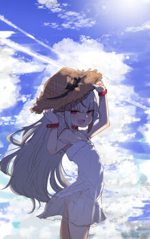 1girl absurdres bare_shoulders blue_sky breasts choker cloud commentary_request dress grey_hair hat heart heart-shaped_pupils highres long_hair looking_at_viewer makaino_ririmu makaino_ririmu_(3rd_costume) nijisanji open_mouth panties partial_commentary pointy_ears red_eyes see-through_clothes side-tie_panties sky small_breasts smile solo straw_hat sun sundress sunlight symbol-shaped_pupils underwear utsusumi_kio virtual_youtuber