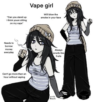 1girl bag bags_under_eyes beanie black_arm_warmers black_hair black_nails black_pants black_shoes blue_eyes electronic_cigarette ershmash grey_arm_warmers grey_hat hair_between_eyes hand_on_own_hip hat holding_electronic_cigarette long_hair mismatched_arm_warmers nail_polish original pants parted_lips pink_tank_top shoes shoulder_bag simple_background smoke smoking tank_top white_background