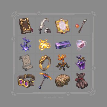 artist_name bag book brain english_text fire_flower ink jewelry minecraft organs pen pickaxe pixel_art potion ring scroll simple_background staff thaumcraft