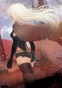 Rule 34 | a2 (nier:automata), blue eyes, highres, holding, holding sword, holding weapon, long hair, looking at viewer, mitsuki nite, nier:automata, nier (series), sword, twin blades, weapon, white background, white hair