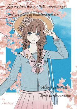 1girl absurdres artist_name bag blue_bag blue_eyes blue_jacket blue_sky border bow bowtie braid branch breast_pocket buttons cherry_blossoms chinese_commentary closed_mouth cloud commentary_request cowboy_shot day earrings english_text eyelashes flower flower_earrings frilled_headwear gradient_hair hair_flower hair_half_over_shoulder hair_ornament hand_on_own_head happy hat highres infinity_nikki jacket jewelry long_sleeves multicolored_hair nikki_(series) nostrils outdoors outside_border pink_bow pink_bowtie pink_flower pink_rose pink_sailor_collar pink_skirt pleated_skirt pocket rose sailor_collar shoulder_bag skirt sky smile solo spring_(season) standing stylist_(nikki) sun_hat twin_braids v white_border white_flower yellow_flower yellow_hat yellow_rose zhachang