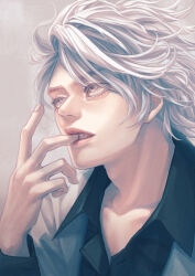 Rule 34 | 1boy, artist name, commentary, finger in own mouth, grey background, grey eyes, highres, jacket, lips, long sleeves, madarame baku, male focus, parted lips, po (vvrk7838), short hair, teeth, upper body, usogui, white hair, white jacket