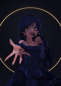 1girl absurdres aromdami beckoning bilingual_commentary blue_dress blue_hair blush commentary_request dress earrings glint highres holding holding_microphone idolmaster jewelry kisaragi_chihaya korean_commentary long_hair looking_at_viewer microphone mixed-language_commentary necklace off-shoulder_dress off_shoulder signature smile solo straight_hair teeth upper_teeth_only very_long_hair wireless_microphone