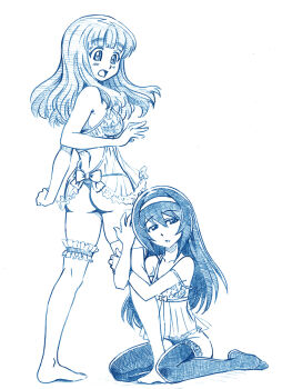 2girls ass bbb_(friskuser) blue_theme blush breasts girls_und_panzer hair_ornament hairband hug hugging_another's_leg large_breasts lingerie monochrome multiple_girls negligee open_mouth reizei_mako simple_background small_breasts takebe_saori thighhighs thong underwear white_background yuri