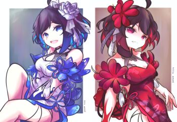 Rule 34 | 2girls, absurdres, ahoge, bare shoulders, black hair, blue background, blue eyes, blue hair, border, breasts, cholete, commentary, dated, dress, dual persona, english commentary, flower, grey background, hair flower, hair ornament, highres, honkai (series), honkai impact 3rd, medium breasts, multicolored hair, multiple girls, official alternate costume, open mouth, red dress, red eyes, red flower, red hair, seele vollerei, seele vollerei (mirrored flourishes), seele vollerei (stygian nymph), short hair, simple background, smile, thighs, twitter username, two-tone hair, white border