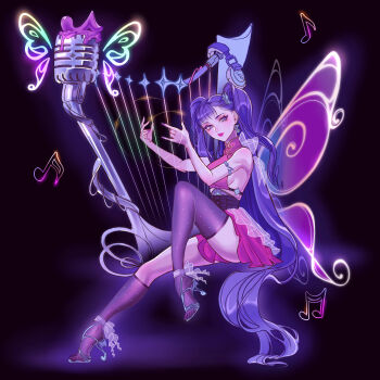 absurdres bare_shoulders blunt_bangs breasts chinese_clothes crop_top fairy fairy_wings harp highres instrument long_hair luverihu magical_girl makeup musa_(winx_club) music pink_lips playing_instrument purple_hair sideboob sitting skirt thighs very_long_hair wings winx_club