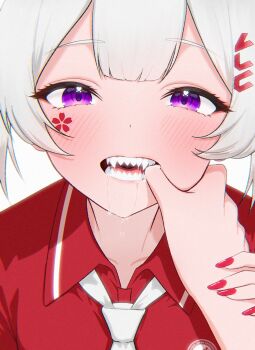 Rule 34 | 1girl, absurdres, flower tattoo, highres, long hair, looking at viewer, original, purple eyes, red nails, red shirt, school uniform, shirt, simple background, tattoo, twintails, white background, white hair, yuki kurihara, yukivju