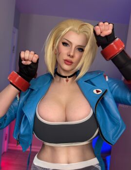 1girl absurdres blonde_hair blue_jacket breasts cammy_white cammy_white_(cosplay) capcom cleavage cosplay cosplay_photo cropped_jacket female_focus fingerless_gloves gloves highres indoors jacket jewelry large_breasts leggings navel necklace photo_(medium) scar scar_on_face solo sports_bra street_fighter street_fighter_6 xkalty